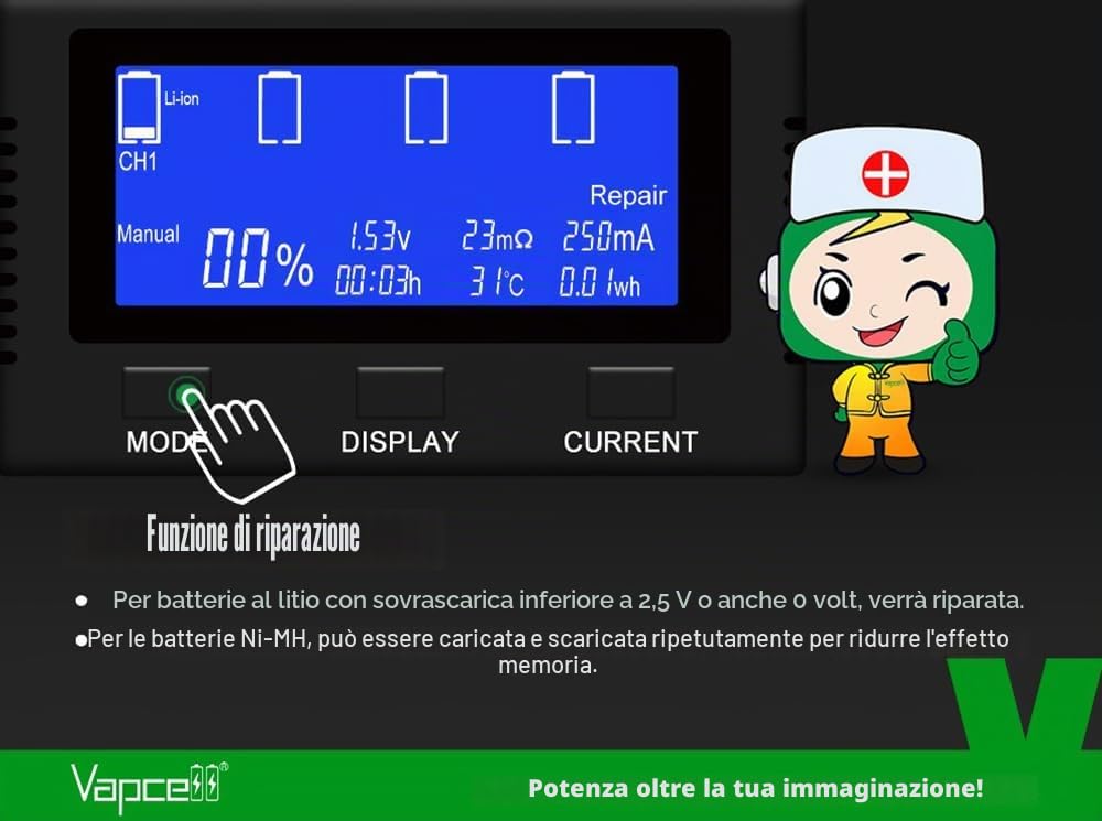 Caricabatterie universale intelligente per batterie, 4 slot di ricarica indipendente con display LCD con funzione di scarica, ricarica e test di capacità