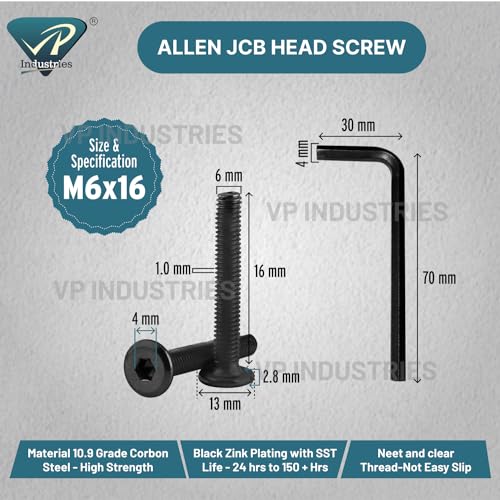 Image of Rely⇒VP INDUSTRIES (Pcs-25) M6x16 mm Black JCB Allen Head Furniture Screw Fastener Bolts | Furniture Bolt Crib Bunk Bed Furniture Cot, Barrel Bolt | Allen JCB Screw High Tensile Alloy Steel 10.9 Grad