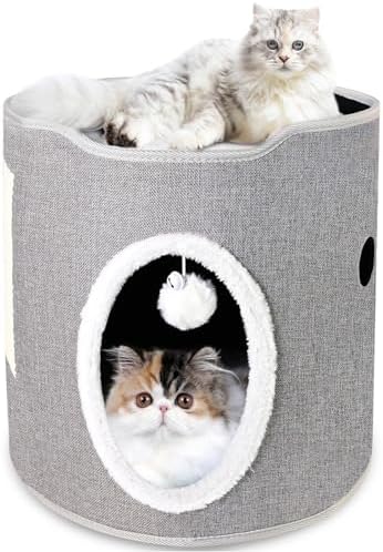 Cat House for Indoor Cats- Large Cat Bed with Scratch and Fluffy Playing Ball, Foldable Cat House & Condos, Cat Cubes for All Large and Small Pets (Cylinder)