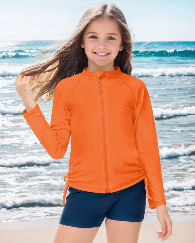 Image of BesserBay Kid Girls Front Zip Rash Guard Top Quick-Dry Adjustable Drawstring Orange Swim Shirt 7-8 Years