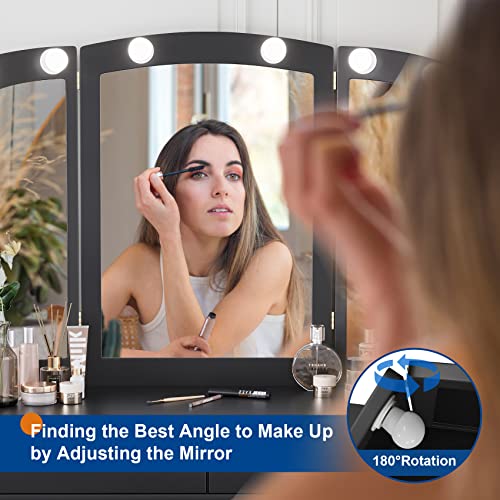 Semiocthome Black Vanity Desk With Mirror And 10 Led Lights, Makeup Vanity With 2 Drawers And Chair, Girls Vanity Set With 3Pcs Mirror And Stool, Dressing Table With Gold Metal Frame For Bedroom #TOP2