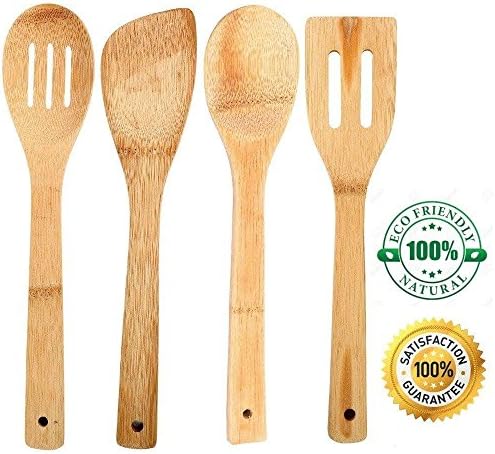 Foodie Original Bamboo Utensil Set: 4 Piece Handcrafted Eco-Friendly kitchen tools; Includes Spoon, Spatula, Spotted Spoon, and Spotted Spatula