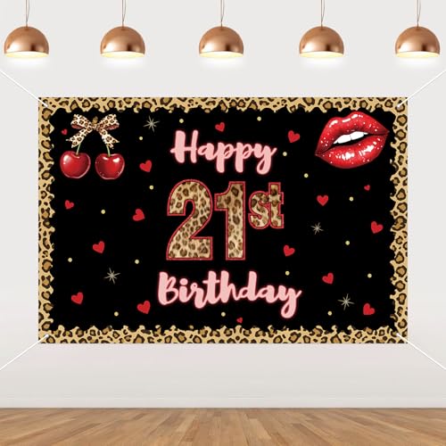 Cheereveal Happy 21st Birthday Backdrop with Cherry Leopard Print, 5 * 3ft