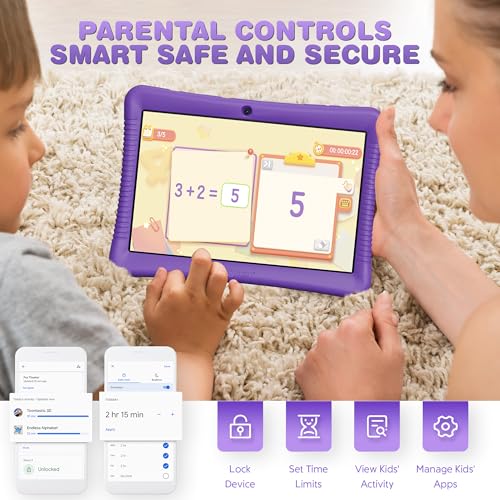 Image of Contixo K102 10 inch Kids Tablet Bundle - Wireless Kids Headphones, 32GB, Learning Educational Apps, Parental Controls, Dual Cameras, Shockproof Case with Kickstand & Stylus, Ages 3-7 - Purple