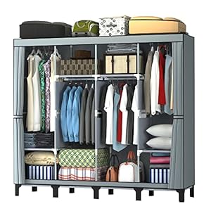 LOEFME Canvas Wardrobe, Four-column Portable Wardrobes for Bedroom, 165 * 45 * 175 cm New Base Design Fabric Wardrobe, Large Storage Space Foldable wardrobe, Grey