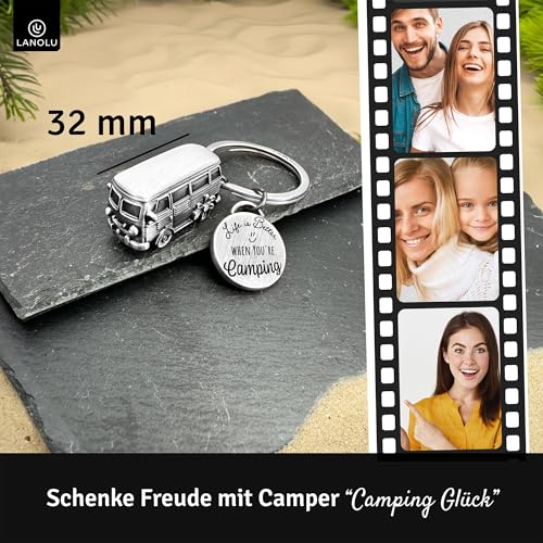 LANOLU Schlüsselanhänger Camping Glück, Wohnwagen Geschenk, Wohnmobil Geschenk für das Camping und für Camper, 3D Anhänger- Wohnwagen Zubehör aus Metall