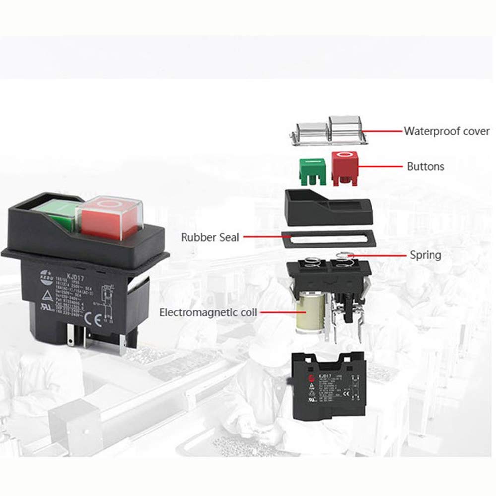 Interruptor pulsador de Parada de Emergencia, Interruptor electromagnético de botón pulsador KJD17 de 5 Pines, CA 250 V, 16 A, interruptores de Arranque