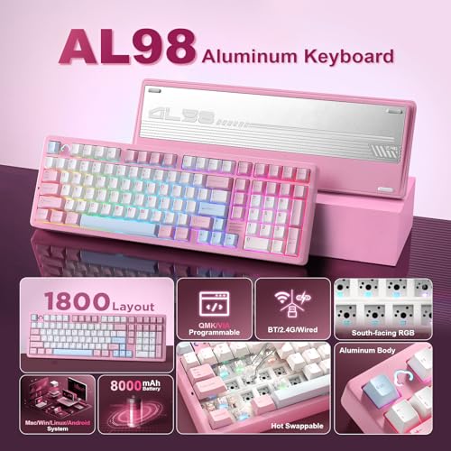 YUNZII AL98 QMK/VIA Wireless Mechanical Gaming Keyboard,Full Aluminum,BT/2.4G/USB-C, Pre-Lubed Hot Swappable Gasket Mount 1800 Layout,RGB Backlit for Win/Mac (Pink, Milk Switch) by YUNZII - Image 2