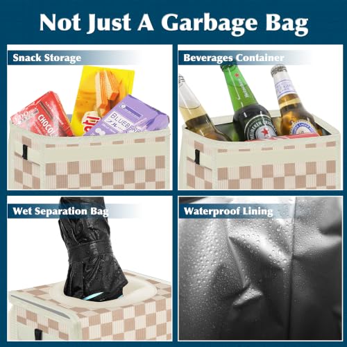 Image of Femuar Leak Proof Car Trash Can with Lid, Collapsible Hanging Waterproof Car Trash Bag with Mesh Pocket for SUV Front Seat Headrest, Beige Brown Plaid
