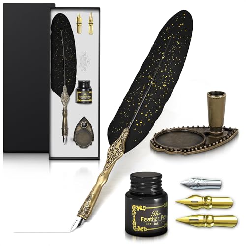 Black Feather Quill Pen and Ink Set Feather Pen and Ink Set with Stainless Steel Nib & Stand for Practice Drawing Signatures & Vintage Decor Designed for Calligraphy Beginners Authors & Writers