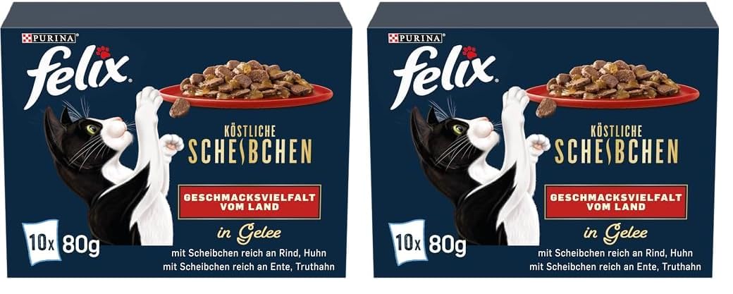 Felix Köstliche Scheibchen Katzenfutter nass in Gelee, Geschmacksvielfalt vom Land, 12er Pack (6 x 10 Beutel à 80g)