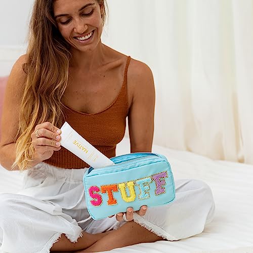 Fablinks Preppy Pouch, Chenille Varsity Letter Stuff Bag, Aqua Nylon Skin Care Patch Bags Organizer, Travel Make Up Skincare Cosmetic Zipper Bags for Women (Blue STUFF-Rainbow) - Thumbnail 3
