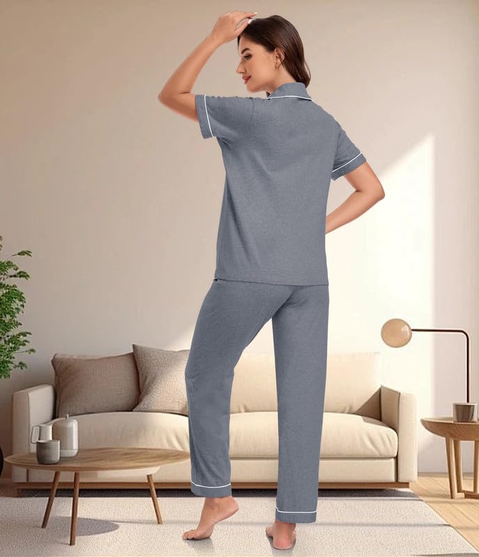 Image of CF 100% Cotton Pajamas for Women Set 2 Piece Short Sleeve Tops and Long Pants Comfy Well-Fitted Loungewear Set Pj Sets