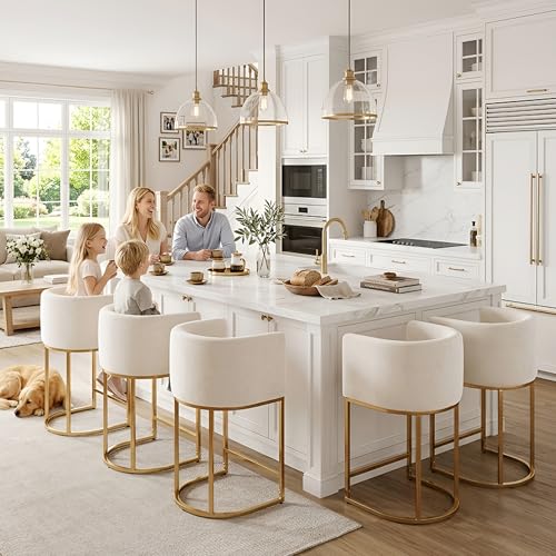 Image of HNY Modern Barrel Counter Height Bar Stool with Back for Kitchen Island Set of 1, 24 Inch Velvet Kitchen Barstool with Gold Frame, Ivory