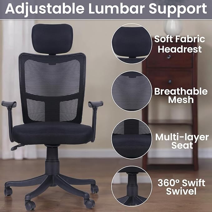 Image of Ergonomic Office Chair with Headrest, Mesh Back, Adjustable Arms, Black