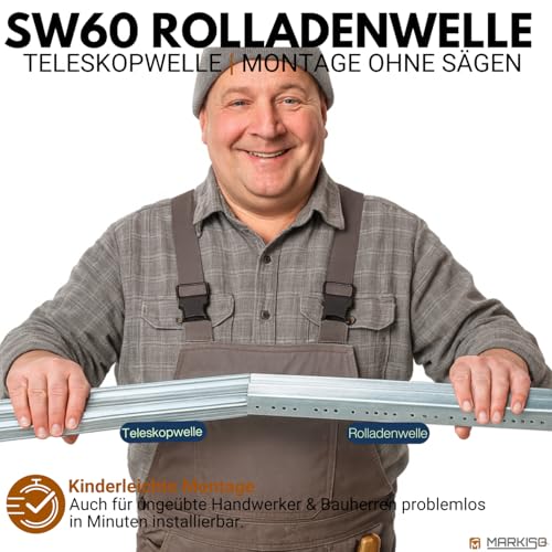 Foto von markiso I Rolladenwelle SW 60 Rollladenwelle Stahlwelle mit Teleskopwelle Welle für Rolladen - inkl. Wellenkapsel & Lager Komplett SET 90-110 cm frei einstellbar KEIN ZUSCHNEIDEN NOTWENDIG