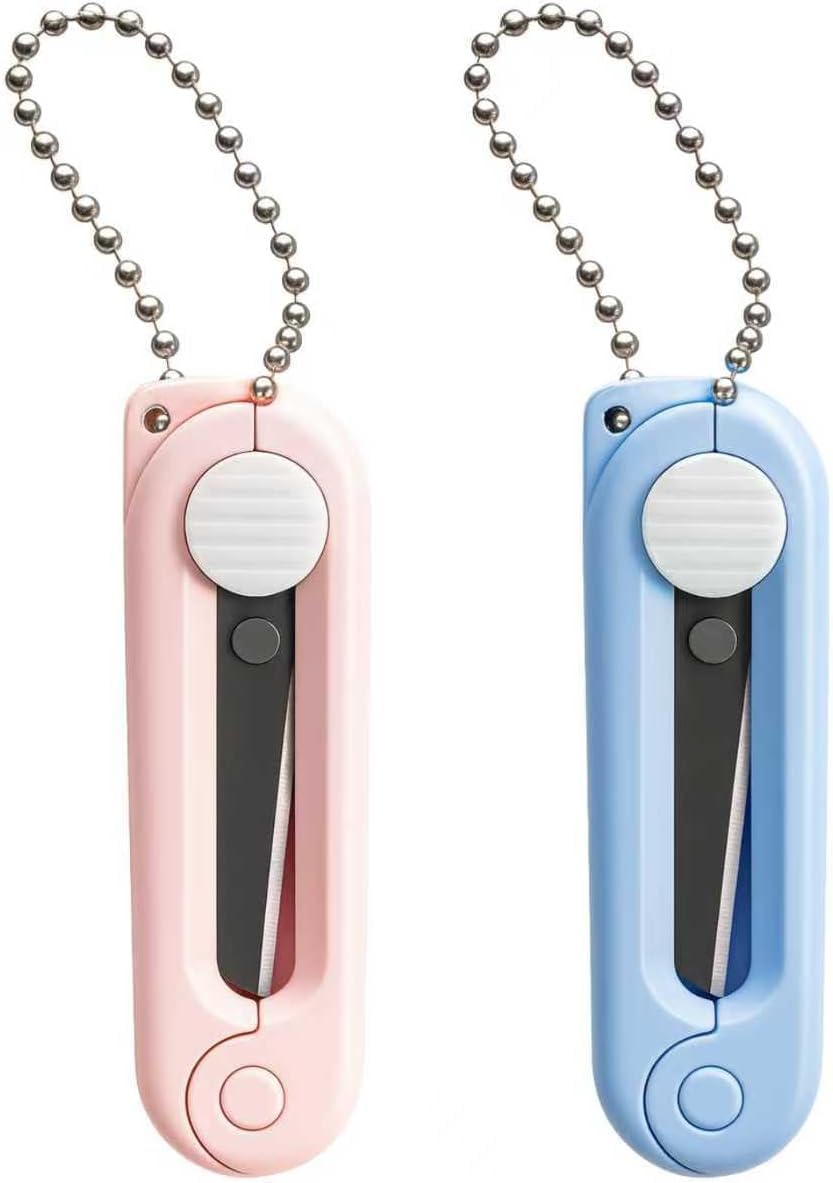 Elzhan Silver 2Pcs Pink Blue Folding Scissors Mini Safe Portable Travel Scissors Foldable Telescopic Cutter Pocket With Keychain For Cutting,Scrapbooking,Crafting,Sewing