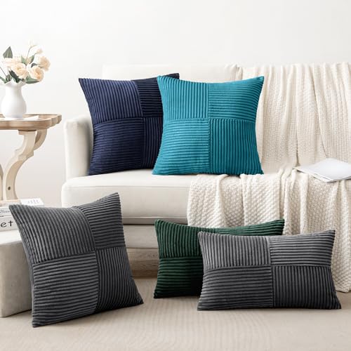 Image of MIULEE Grey Decorative Lumbar Throw Pillow Covers 12x20 Inch for Couch Bed Sofa Pack of 2 Boho Farmhouse Throw Pillows Soft Cross Corduroy Patchwork Textured Cushion Cases