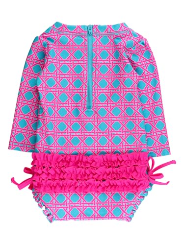 Image of RuffleButts Baby Girls UPF 50+ Sun Protection Floral Printed Long Sleeve One Piece Rash Guard Swimsuit with Zipper