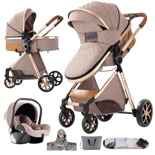 Nine point nine Kinderwagen 3 in 1, Kinderwagen Set mit Umkehrbarem Doppelschiebemodus, Kombikinderwagen 3 in 1 mit Großer Bequemer Babywanne, Rahmen Aluminiumlegierung (V9 Khaki)
