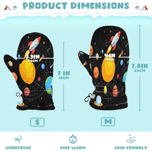 Caikeny Kids Snow Mittens Solar System Planets Toddler Warm Gloves Sun Science Winter Ski Mittens for Girls Boys Baby 2-4 Years S3