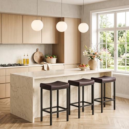 Image of HOOBRO Bar Chairs, Set of 3 Counter Height Saddle Stools with Curved Surface, 24.8 Inches, 2.4 inch Thick Upholstery, for Kitchen and Dining Room, Brown and Black BC10BYP301
