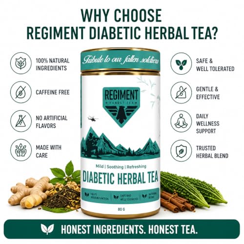 Image of Regiment Diabetic Herbal Tea 80g | Premium Ayurvedic Herbal Chai | Green Tea with Gudmar, Jamun & Bitter Gourd | Rich in Natural Antioxidants | No Artificial Flavour