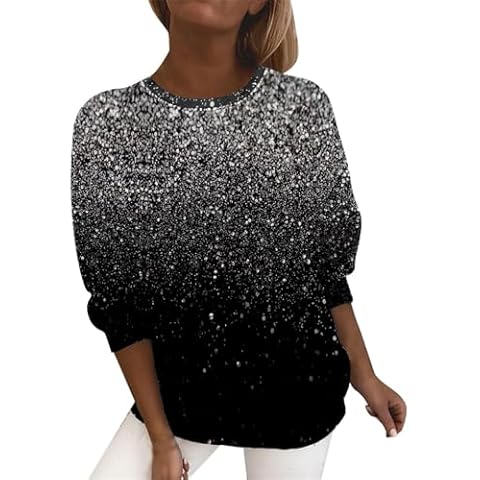 Ashowlaco Todays Daily Deals, Long Sleeve Tunic Tops for Women, Glitter Sequin Printed Sparkly Dressy Blouses Loose Pullover Vintage Sweatshirt Silver-1, XL, lightning the deals clearance Cover