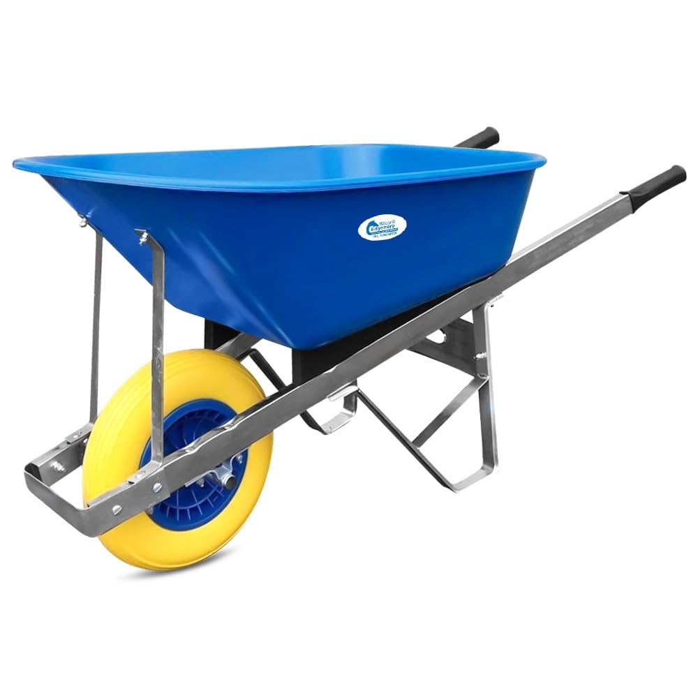 Equimed Garden Wheelbarrow - Trolley with 120L Plastic Bucket, Puncture-Proof PU Wheel, Galvanised Frame (Blue/Yellow)