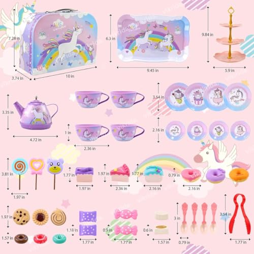 Image of VikriDA 48Pcs Tea Set, Kids Pretend Toy Tin Tea Set and Carrying Case,Rainbow Magic Unicorn Design for Girls Princess Boys 3-6