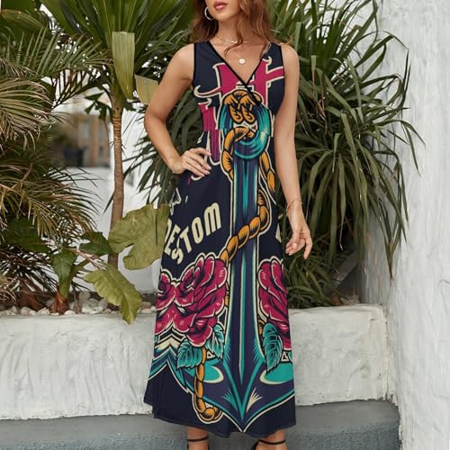 Robe longue d'été sans manches voile de rose col V maxi décontracté