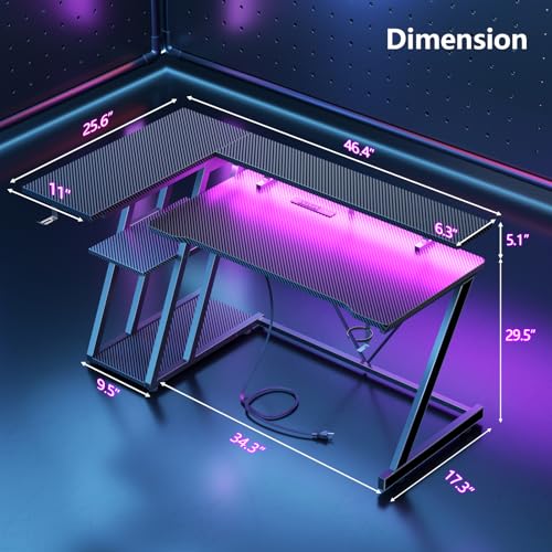 47 Inch Gaming Desk with Power Outlet & LED Lights, Corner Computer Desk with 3 Tiers Storage Shelves, Home Office Desk with Monitor Stand for Small Space, Carbon Fiber Black - Image 3