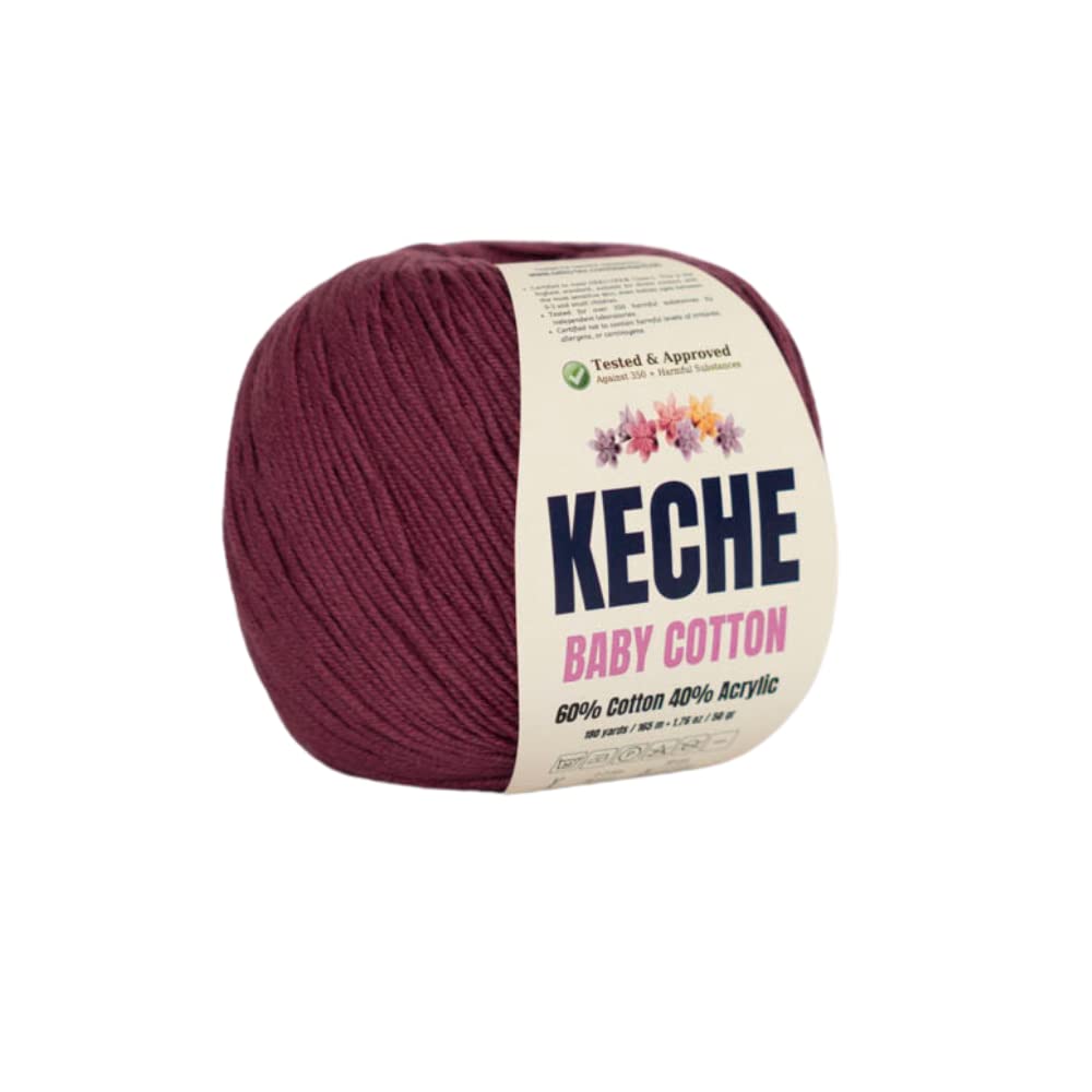 Keche Baby Cotton, 60% Cotton 40% Acrylic Yarn, Soft Cotton Yarn for Crochet and Knitting, Amigurumi Yarn 1 Skein/Ball 1.76 Oz (50g) / 180 Yrds (165m) - Claret Red