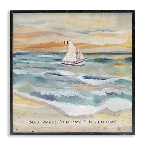 Boat Waves Sun Rays Beach Days, 12 x 12 Inch Framed Giclée Print