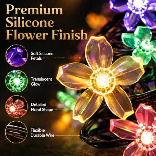 Image of One94Store 36 Feet Silicone Cherry Blossom Flower LED Fairy String Lights (36 LEDs) for Diwali Decoration, Home Decor, Window, Balcony, Pooja, Wedding, Christmas & Party, Multicolor | Made in India