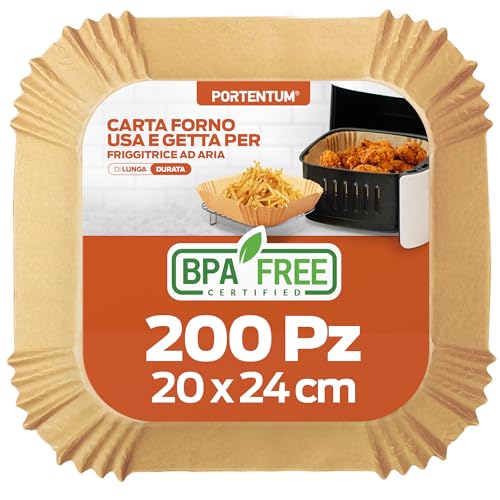PORTENTUM Carta forno per friggitrice ad aria, 200 unità quadrate