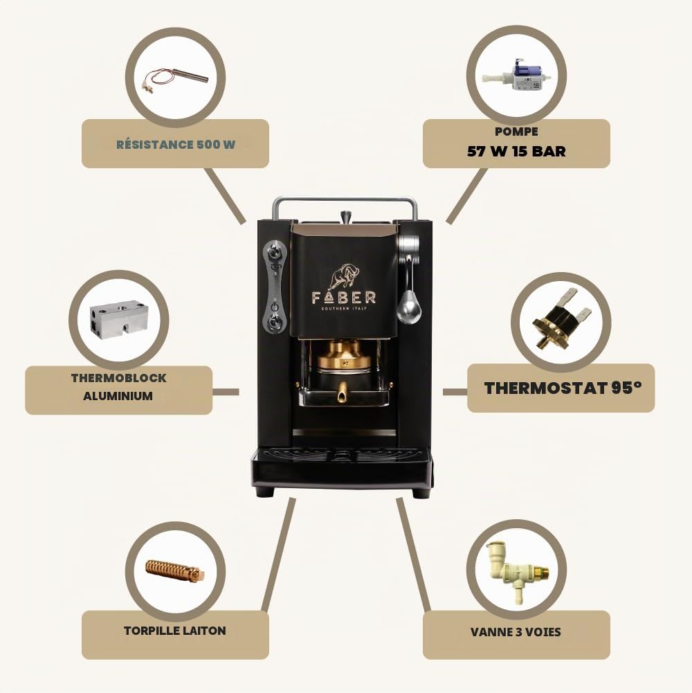 FABER COFFEE MACHINES | Modèle Pro Mini Deluxe | Machine à café à dosettes ese 44mm | Finition Chrome | Pressacialda en laiton (Mat Black)