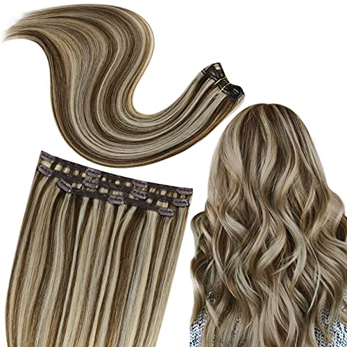 RUNATURE Clip in Hair Extensions 10inch Human Hair Extensions Dark Brown Mixed Platinum Blonde Hair Extensions Clip in Remy Hair Extensions 50 Grams Brown Hair Extensions Clip in Extensions 3pcs