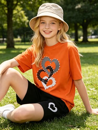 Image of 9-16Y Tween Girl Clothes 2 Piece Short Sleeve Heart Print Top and Shorts Teen Girl Summer Outfits Short Set