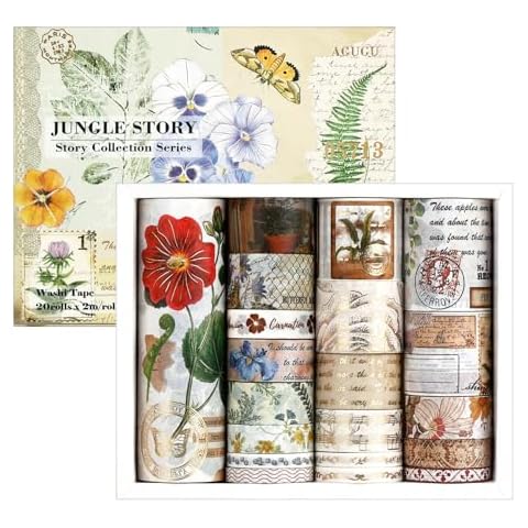 RISYPISY 20 Rolls Retro Gold Foil Washi Tape Set, Botanical Masking Tape for Scrapbooking, Vibrant Decorative Tape, Artists Tapes for DIY, Journal Supplies, School Projects Cover