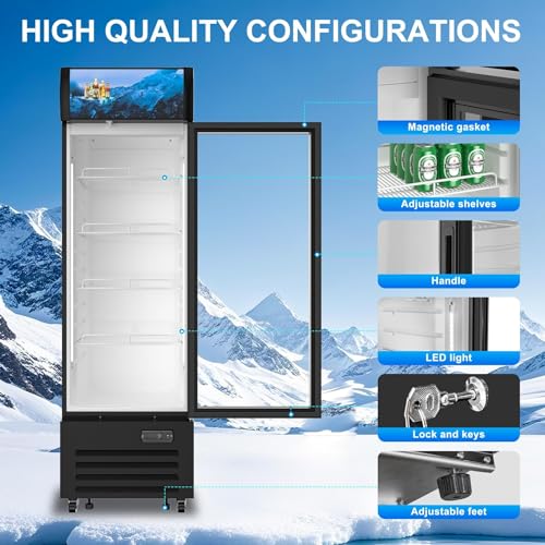 Commercial Beverage Refrigerator 1 Glass Door, 8.8 Cu.ft Commercial Upright Display Merchandiser Refrigerator, Beverage Cooler with LED Light, Lock Wheels, Adjustable Shelf for Bar, Shop - Image 5