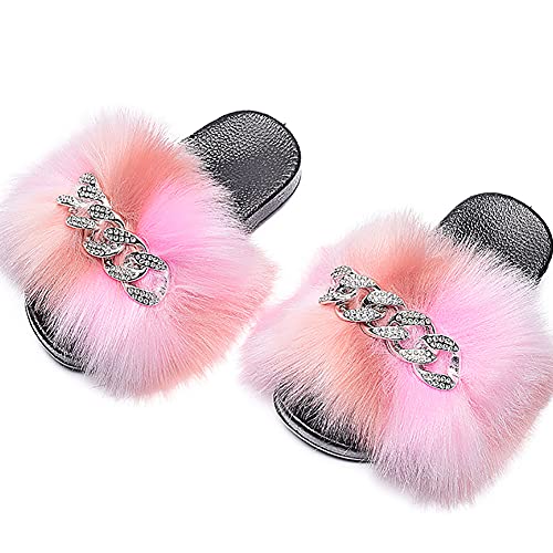 Girls Faux Fur Fluffy Slides Sparkle Rhinestone Furry Slippers Colorful Sandals2