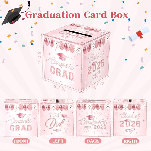 Image of Pink Graduation Congrats Card Box, Class of 2026 Rose Gold Graduation Party Decorations Money Card Boxes Holder, Graduation Gift Card Box for Grad Parties Supplies 8.7 x 8.7 x 8.7 Inch