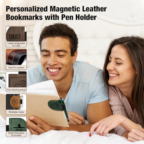 Image of Personalized Magnetic Leather Pen Holder Bookmark - Custom Engraved Initial Letter Bookmarks Clip, Customized Gifts for Book Lovers Readers Women (Pen Holder Bookmark)