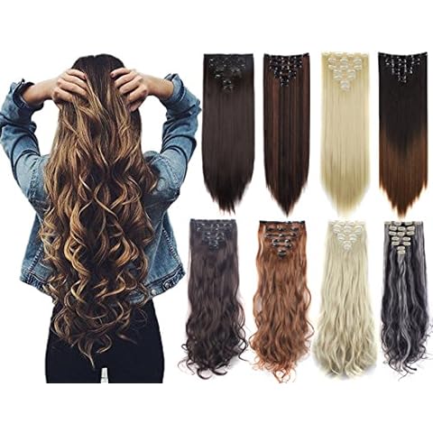 Lelinta 7Pcs Full Head 16 Clips in on Double Weft Hair Extensions, Dark Brown Curly, 24inch 160g Cover