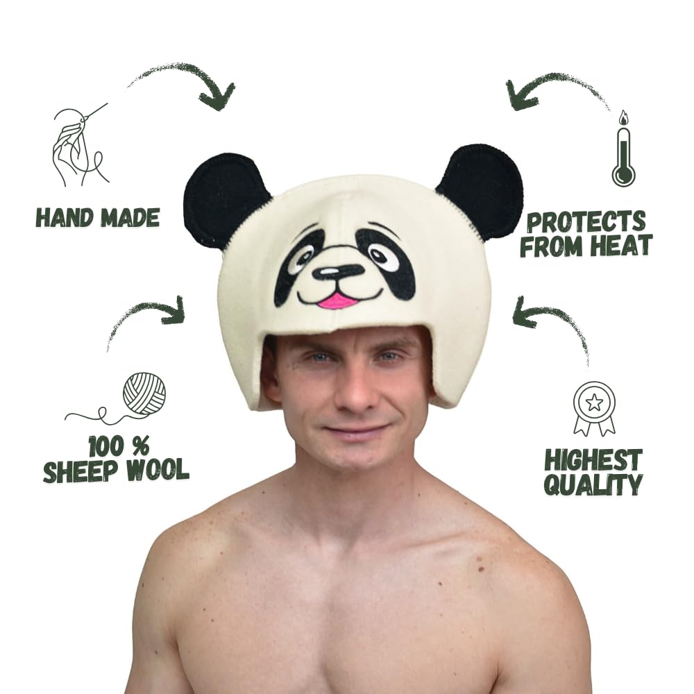 Saunahut 'Sauna Panda' White - 100% organische Wollfilzmützen - Schützen Sie Ihren Kopf vor Hitze - Englische Sauna E-Book Handbuch inklusiv - mit Stickerei