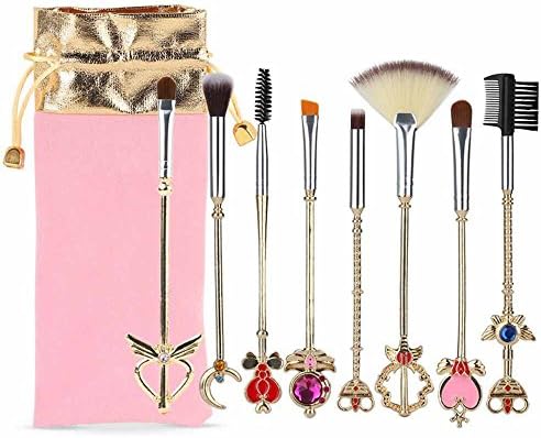 Coshine 8pcs Sailor Moon Makeup Brush Set With Pouch, Magical Girl Gold Cardcaptor Sakura Cosmetic Brushes With Cute Pink Bag