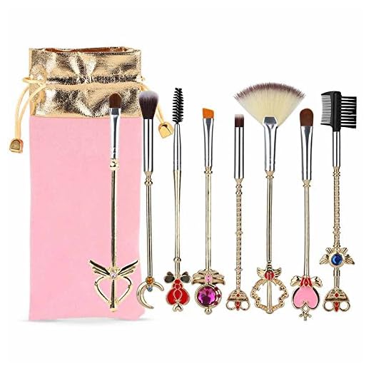 Coshine 8pcs Sailor Moon Makeup Brush Set With Pouch, Magical Girl Gold Cardcaptor Sakura Cosmetic Brushes With Cute Pink Bag
