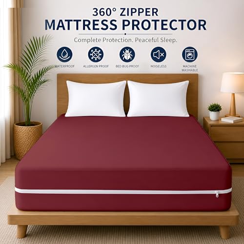 Image of 100% Waterproof Single Size Zipper Mattress Encasement - Ultra Soft & Breathable Six-Sided Bed Cover, Dustproof Noiseless Fitted Design, 72x30 Inch (6x6 Feet), Fits Up to 6 Inch Mattress, Maroon