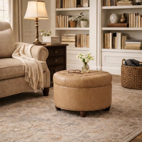 Image of HomePop 25 inch Button Tufted Round Storage Ottoman - Sand Faux Leather
